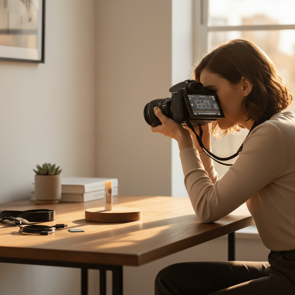 Beginner using DSLR camera on wooden desk to photograph small product.