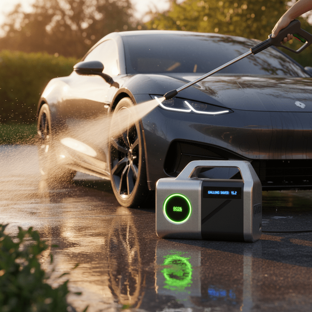 Electric car being washed with a pressure washer on a driveway during golden hour.