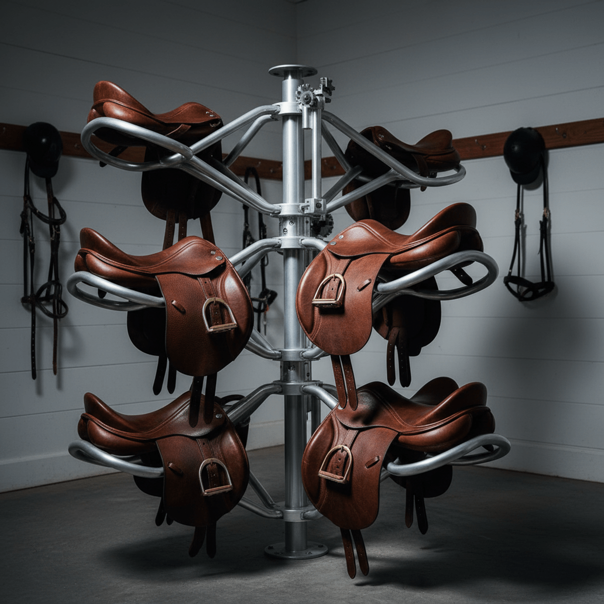 Innovative vertical carousel saddle rack with leather saddles in a modern barn.