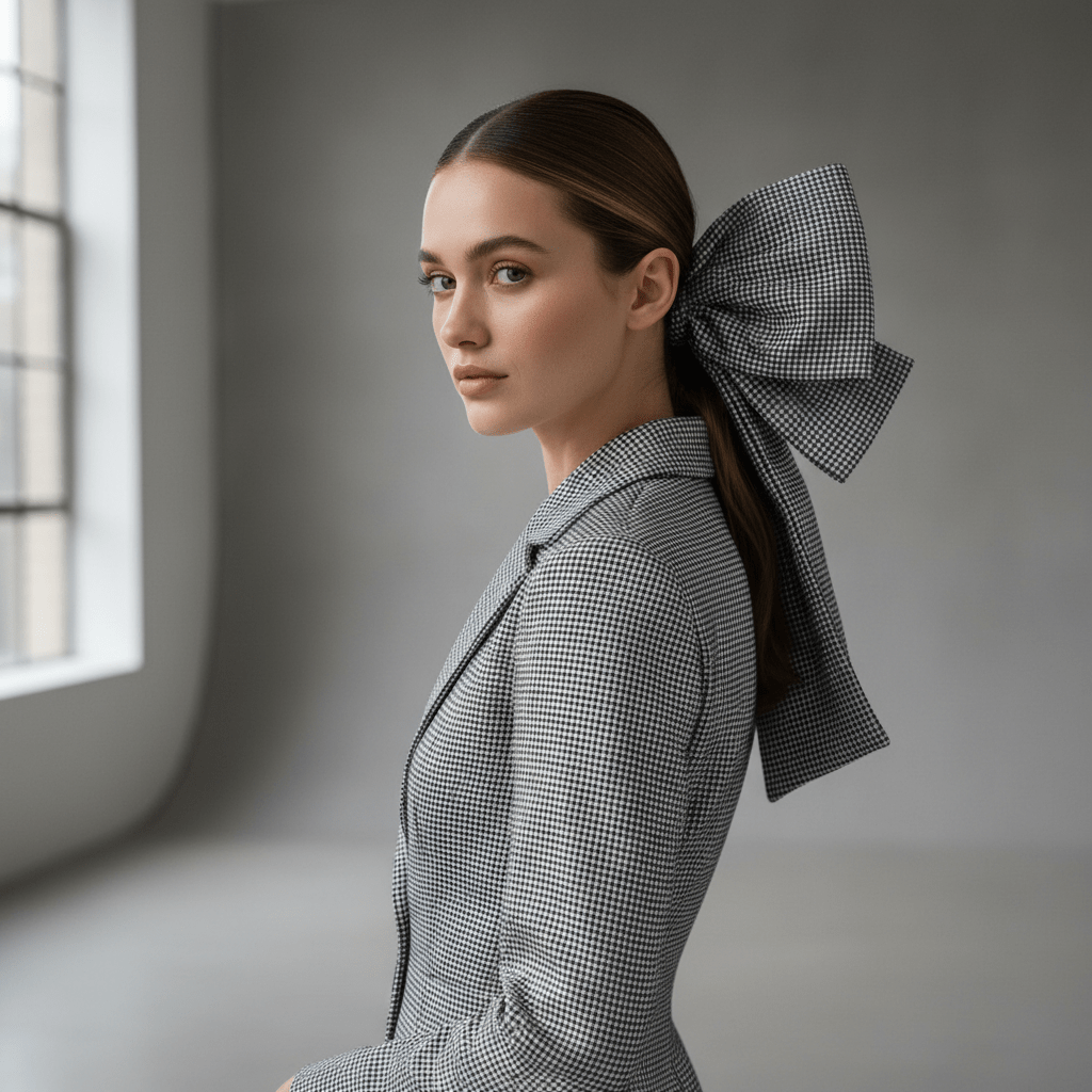 Woman with sleek ponytail and oversized micro-gingham taffeta bow in studio.