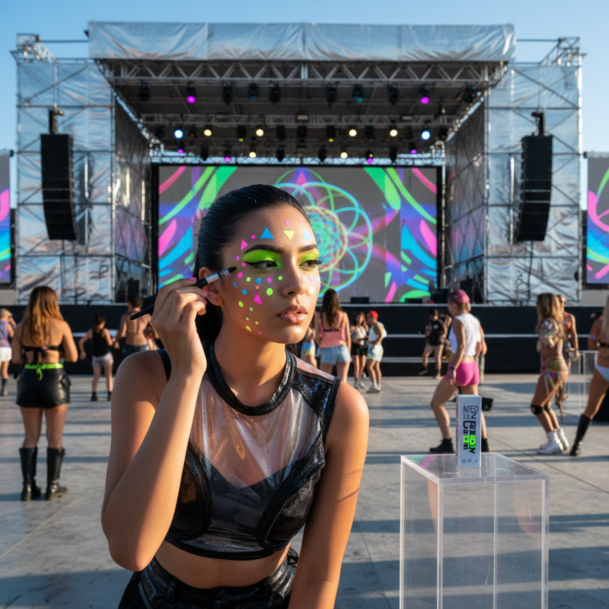 Model with bold UV-reactive neon face art in a futuristic rave setting.