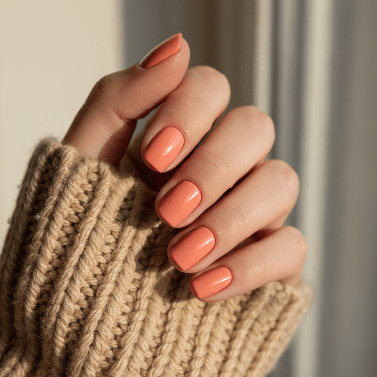 Neatly manicured nails in Apricot Crush peach-orange hue on soft knit sweater.