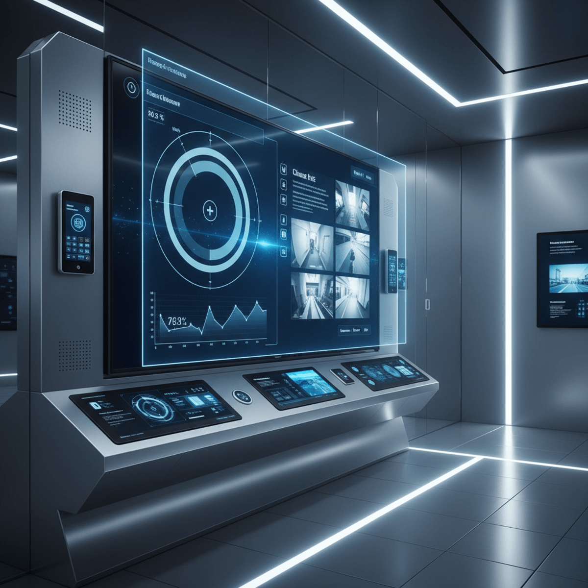 Large TV in a futuristic office with holographic controls and sleek smart devices.