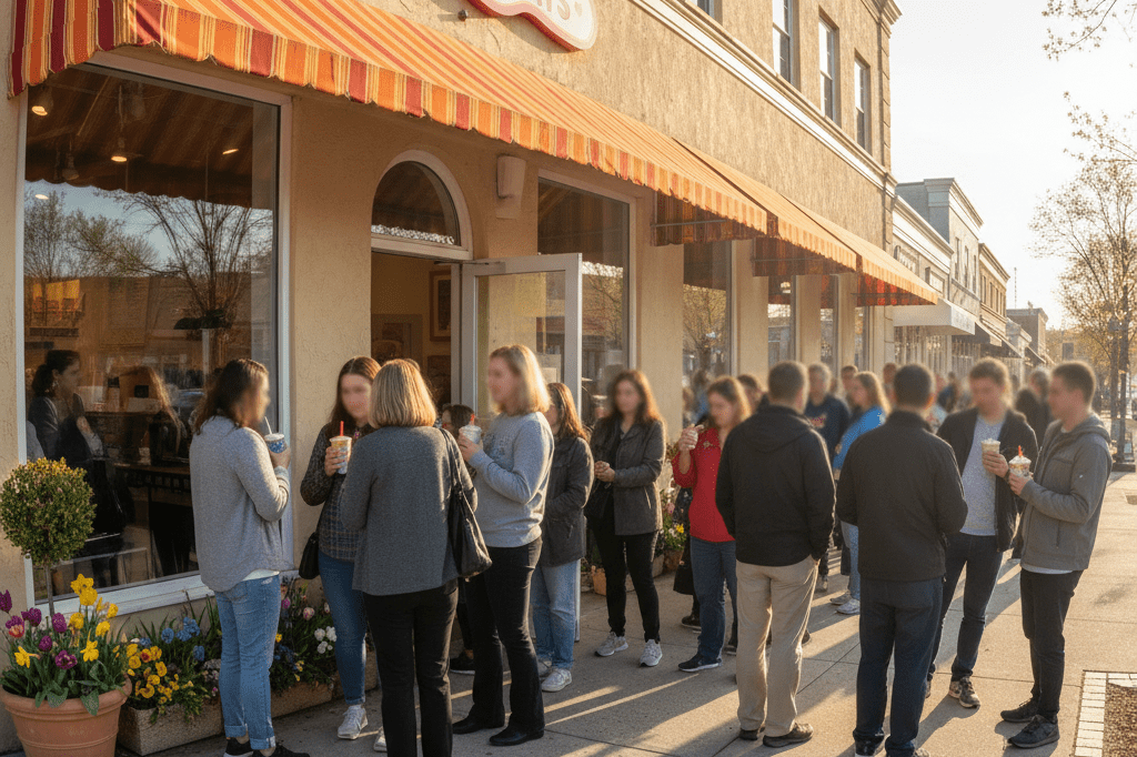 Bustling Rita's Italian Ice shop with customers enjoying seasonal treats under warm natural light