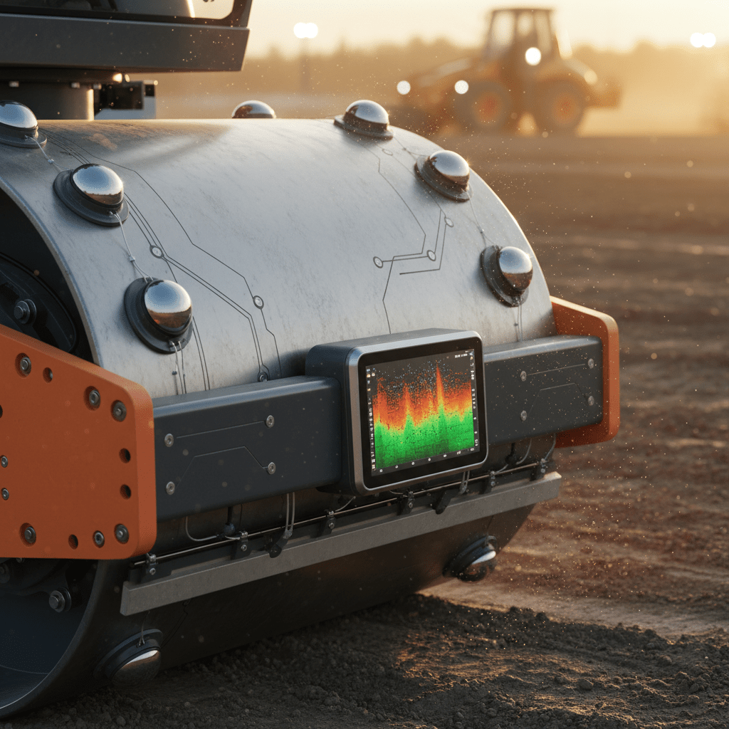 Modern soil compactor drum with GPS and sensors, showing heat map on display.