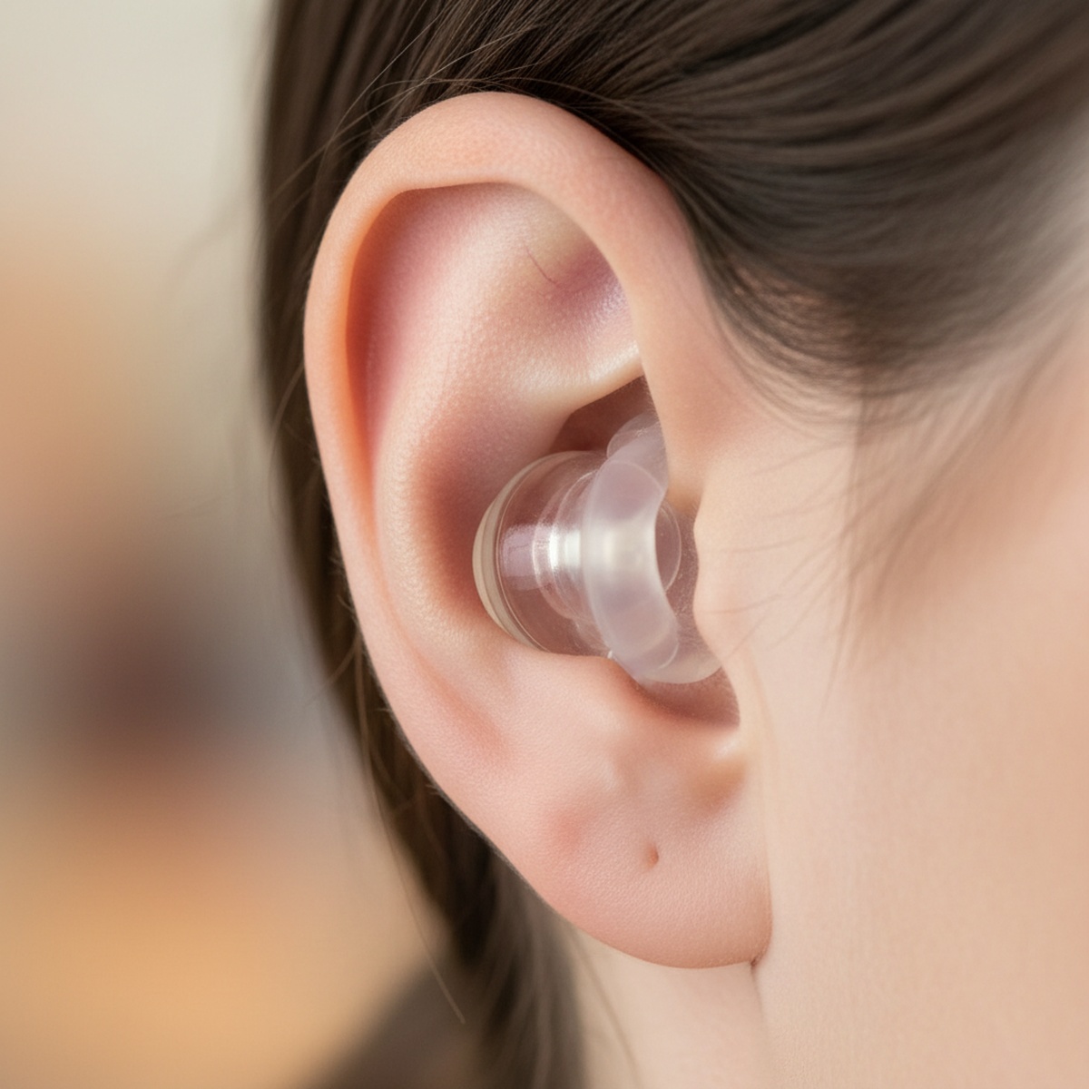 Transparent silicone earplugs fitting snugly deep inside a human ear canal.