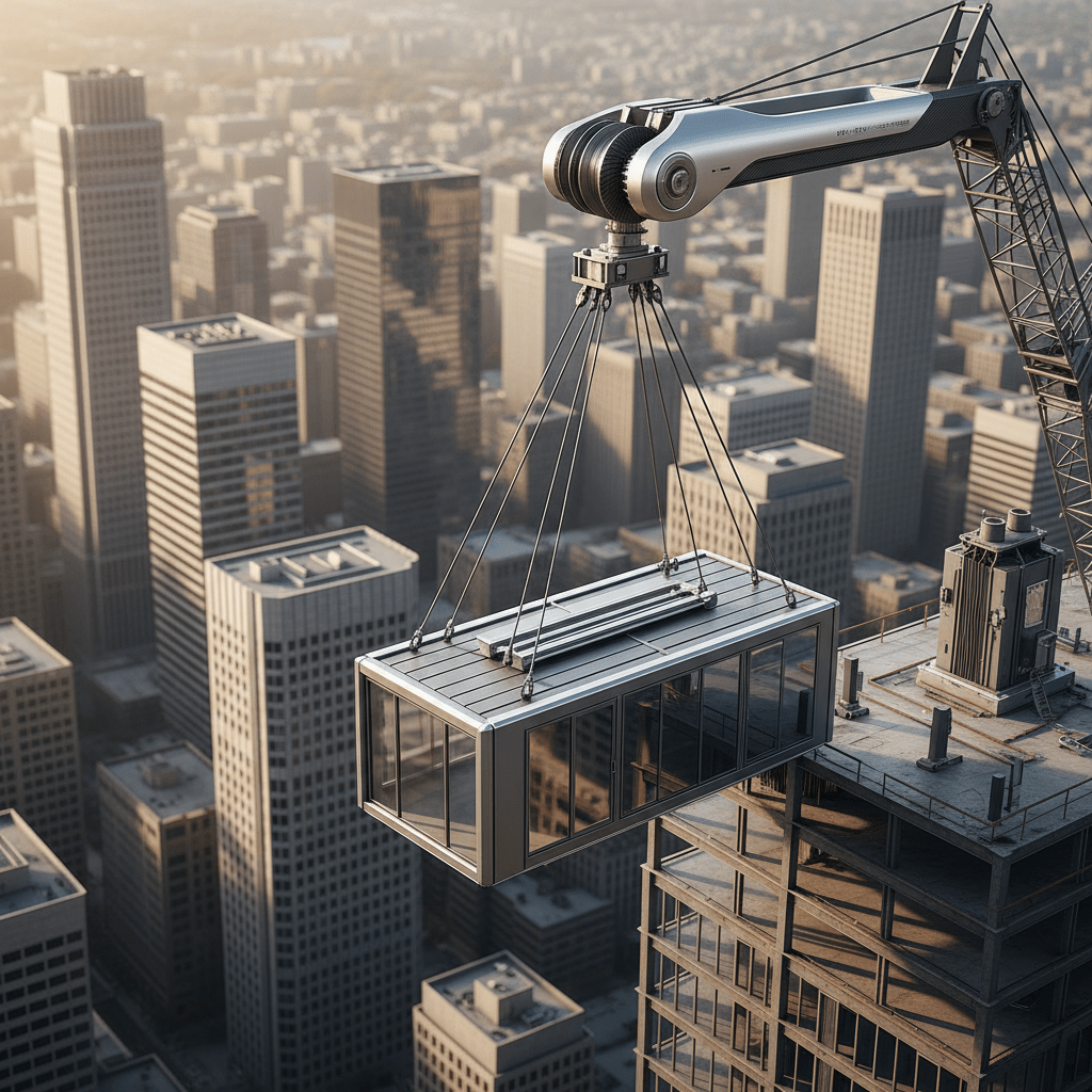 High-angle view of a futuristic construction crane lifting a room module onto a skyscraper.