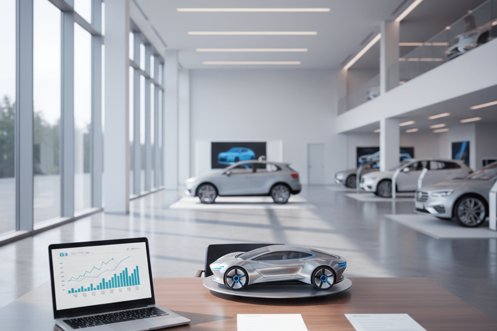 Modern automotive showroom reflecting distribution partnership challenges Empty desk in an automotive showroom with graphs, papers, and a model car under natural and ambient light, symbolizing distributor conflicts
