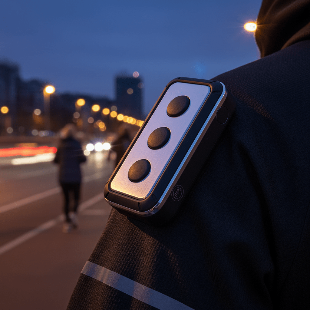 Reflective MP3 player magnetically mounted on a cyclist's jacket during an evening run.