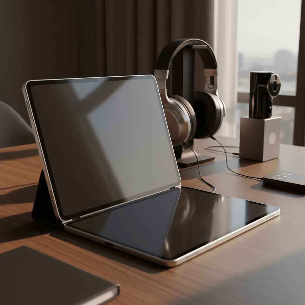 Premium foldable tablet in folded mode on a dark desk with headphones.
