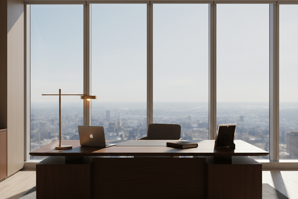 Modern office desk with closed laptop and turned-down photo under natural light, capturing the essence of sudden leadership departure