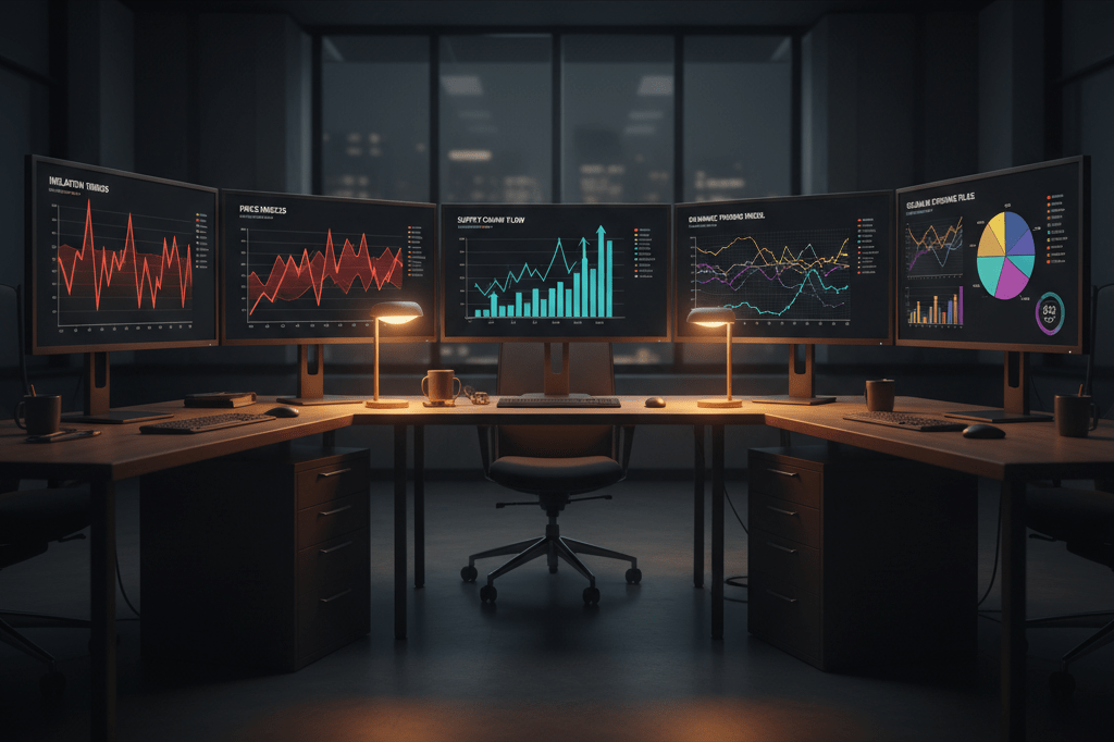 Multiple computer monitors showing graphs and charts under warm ambient lighting, representing adaptive inventory systems