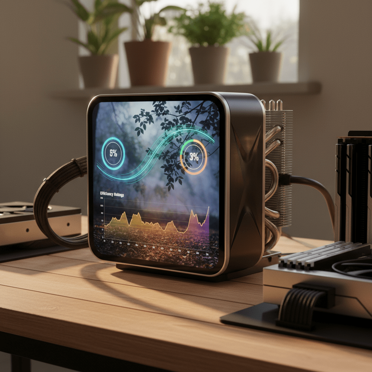 Advanced CPU cooler with curved OLED showing efficiency ratings on nature background.