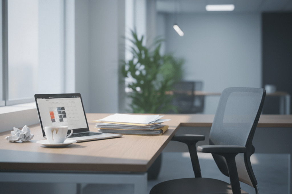 Medium shot of an unoccupied office desk with disarrayed items suggesting psychological pressure and eroded autonomy in workplace dynamics