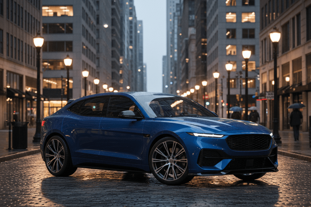 Wide shot of a stylish SUV with sporty design elements under natural dusk lighting in a cityscape