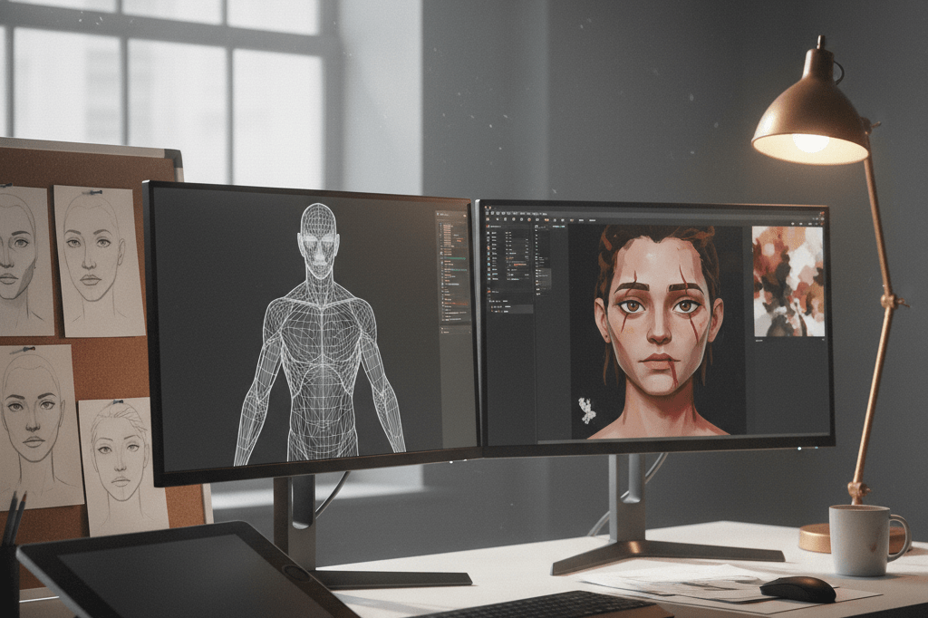 Photorealistic medium shot of a game developer's desk with dual monitors showing 3D wireframes, a graphics tablet, and pinned facial variation sketches under natural and desk lighting