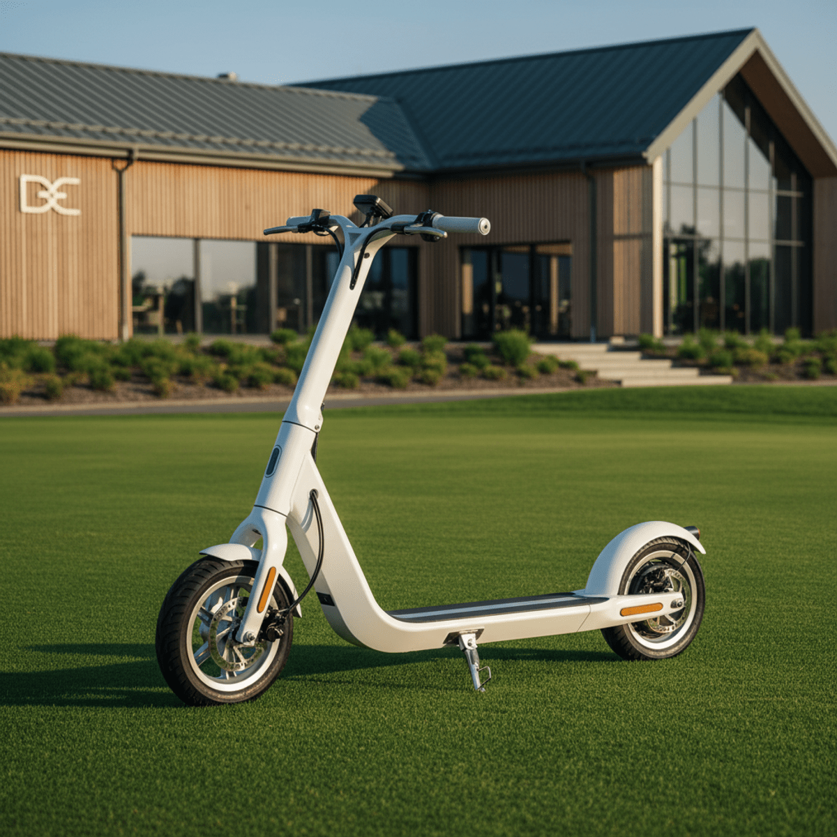 Sleek arctic white matte golf scooter with aluminum accents on green turf.