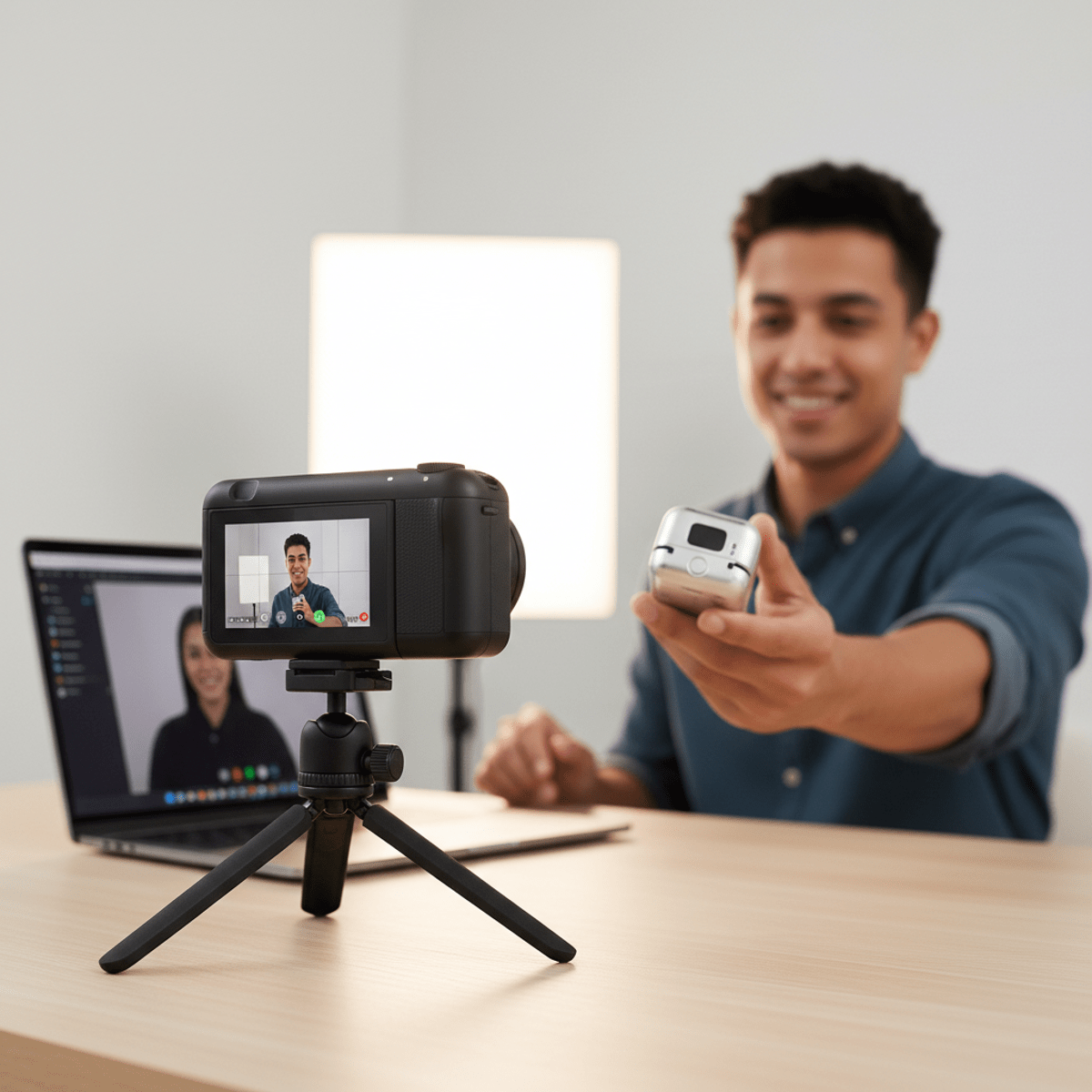 Sleek matte black budget streaming camera on tripod beside laptop.