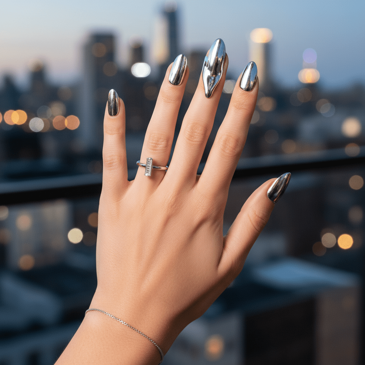 Elegant hand with molten silver chrome nails at a summer rooftop party.