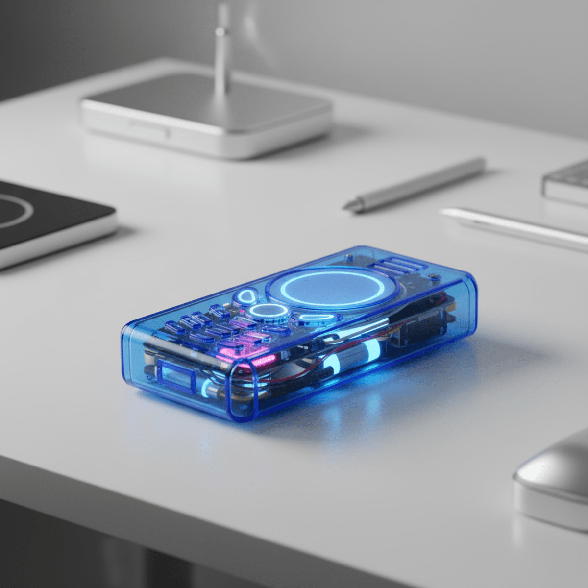 Translucent electric blue retro phone with visible internal components on a white desk.