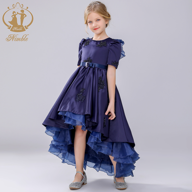 Nimble/Новый дизайн От 4 до 12 лет Детское атласное платье большой хвост + Бант волнистая юбка бальное платье красного цвета с рукавом средней длины, элегантное платье принцессы для девочек