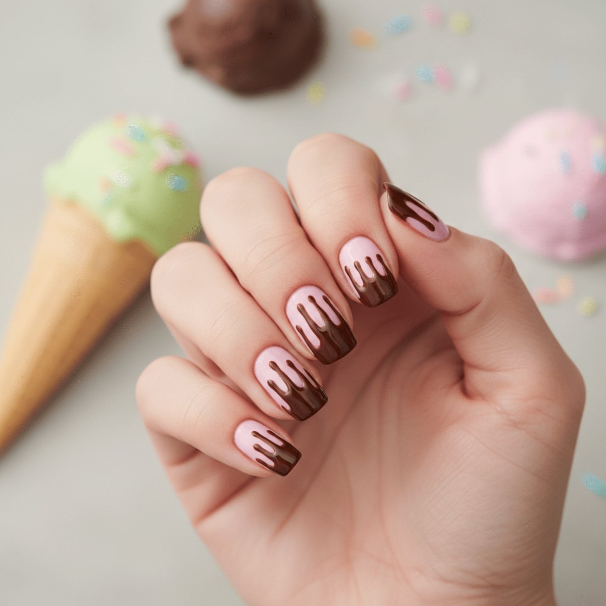 Nails with inverted chocolate drips on a pastel strawberry pink base, showing elegant upward melting effects.