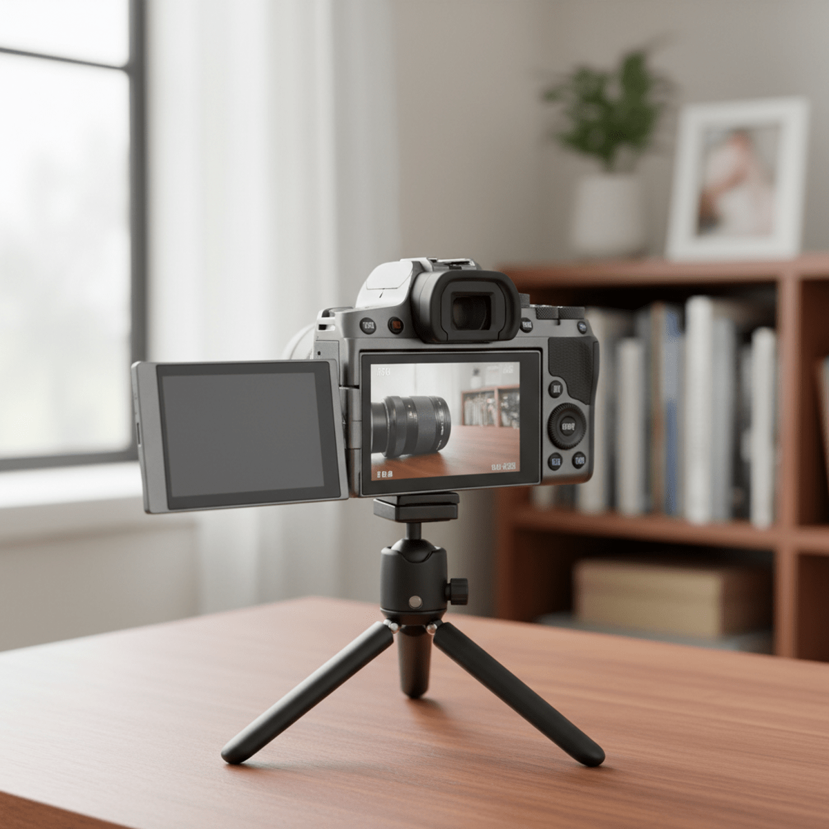 Budget mirrorless camera on tripod for solo video, articulating screen visible.