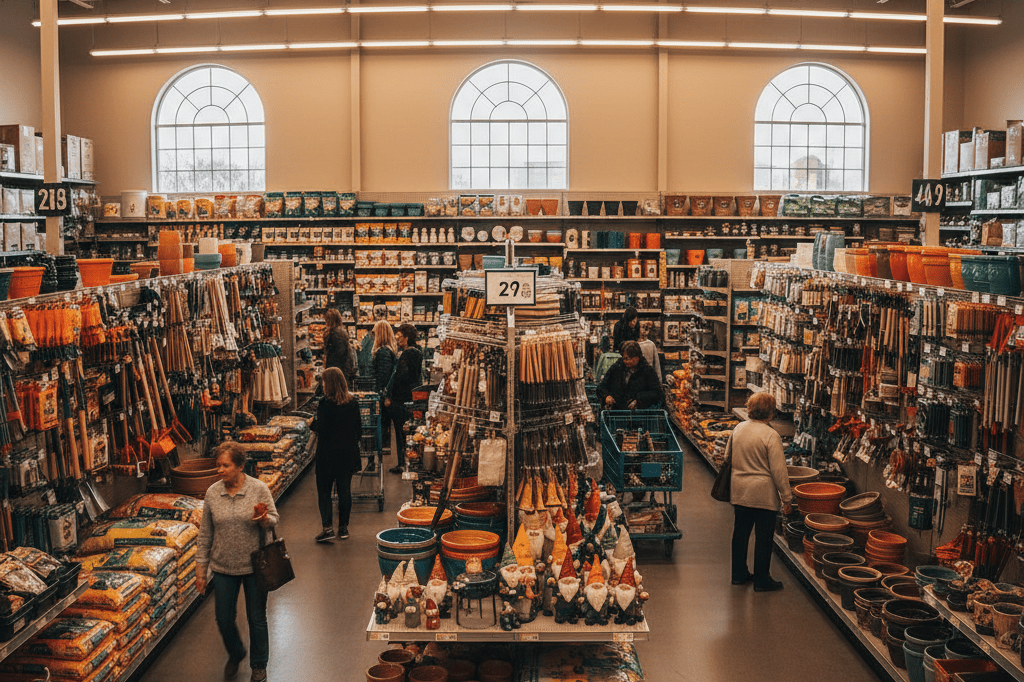 Shoppers browsing gardening tools and outdoor decor in a sunlit home improvement store aisle after the spring equinox