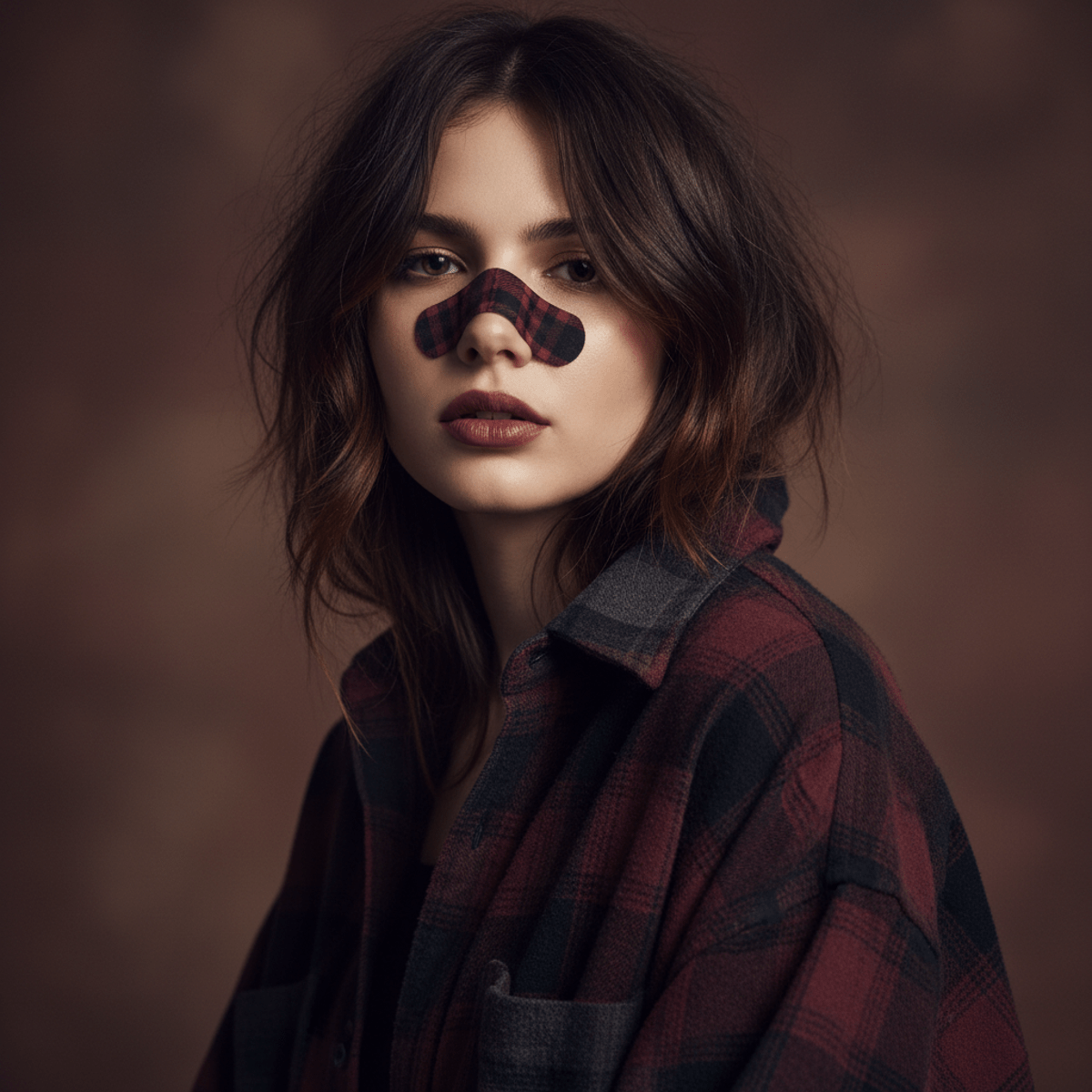 Young woman with plaid bandaid and messy hair wears a textured flannel shirt.