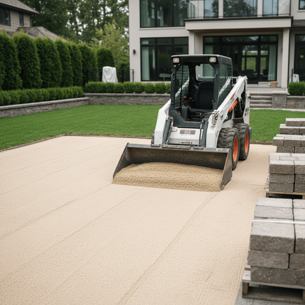Mini skid steer precisely spreads sand for patio base in a luxury backyard.