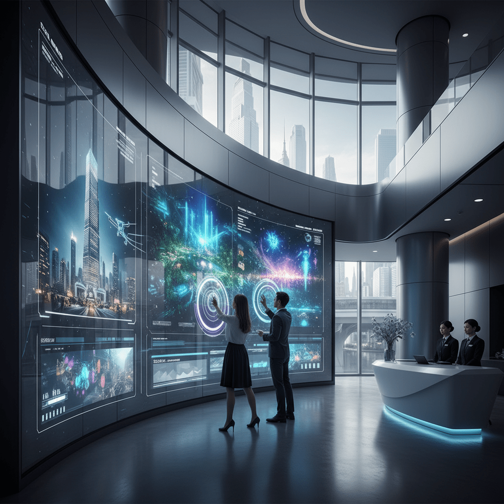 Sleek futuristic hotel lobby with interactive wall display and holographic elements.
