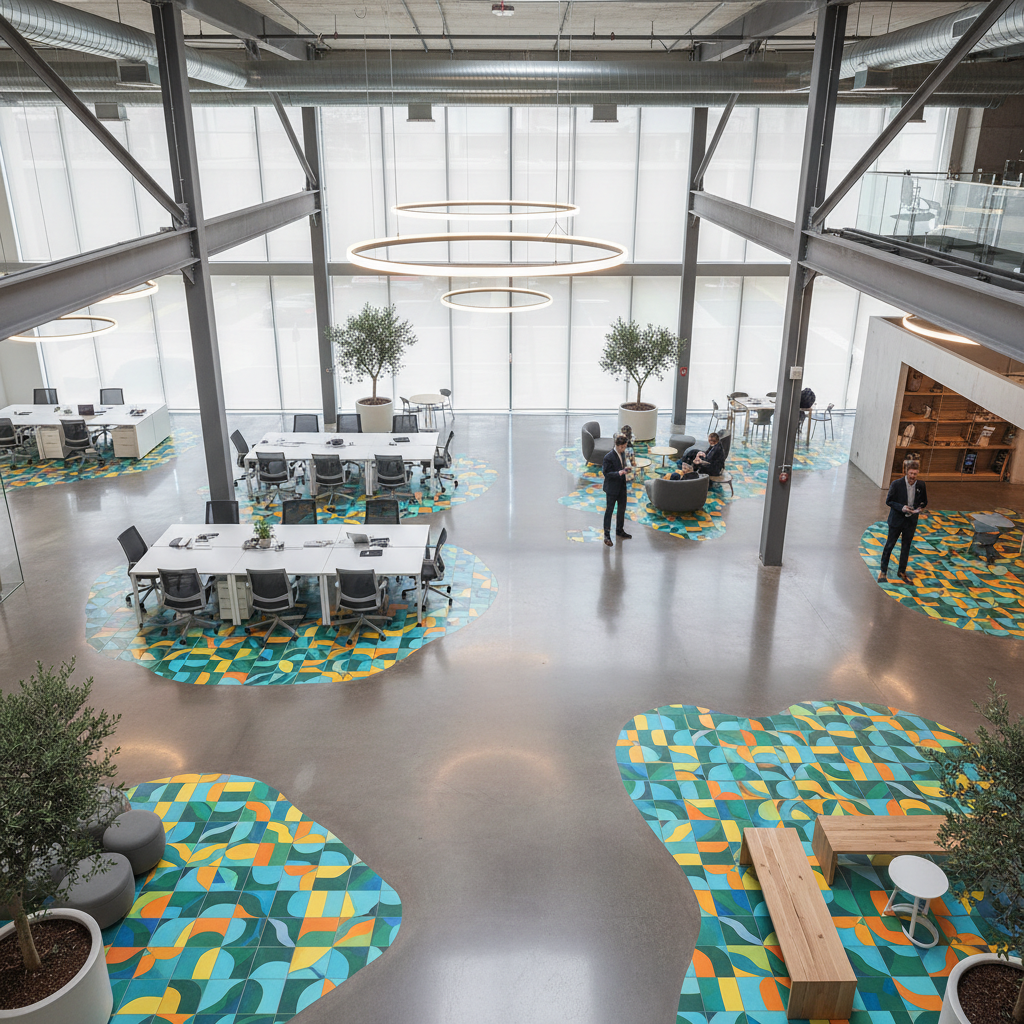 Overhead view of a modern commercial space with polished concrete and geometric tile flooring.