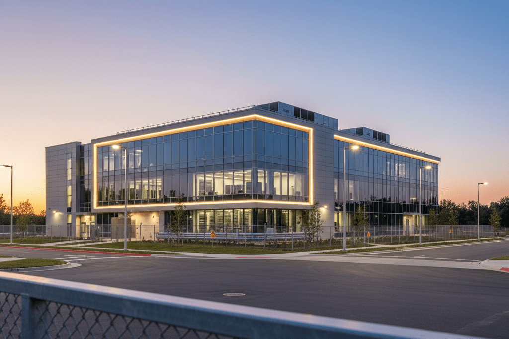 Medium shot of a secure, dusk-lit data center building in a regulated business park, symbolizing data sovereignty-driven real estate investment