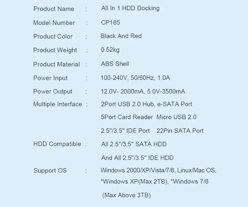 All In 1 HDD Docking Station USB 2.0 2.5" 3.5" IDE SATA External 4TB HDD Box Hard Disk Drive Enclosure Card Reader