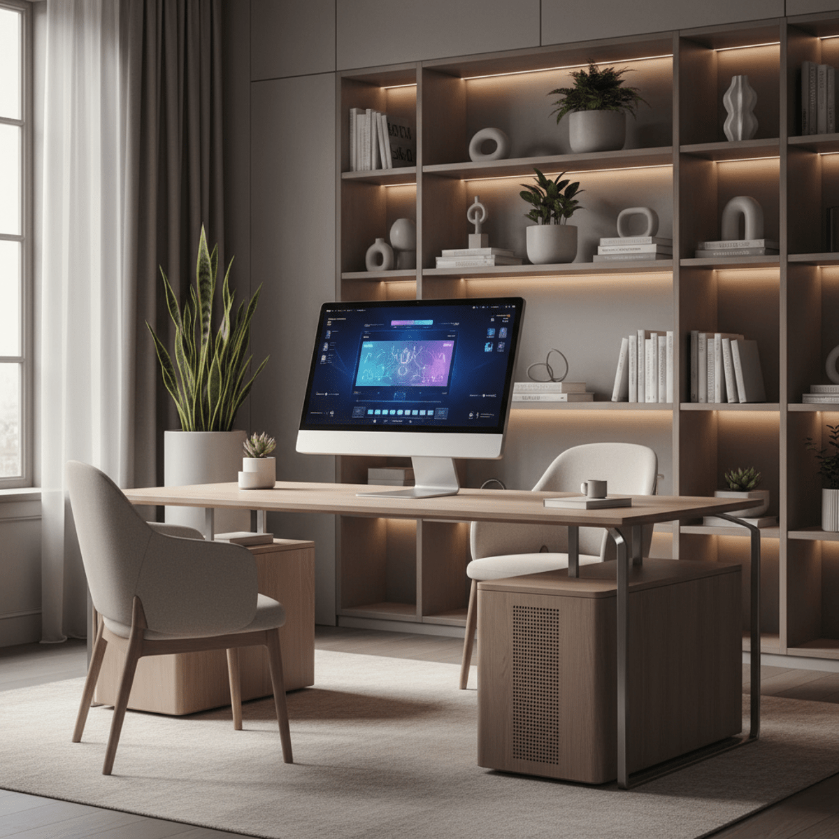 Compact 24-inch all-in-one desktop in a stylish home office with warm lighting.