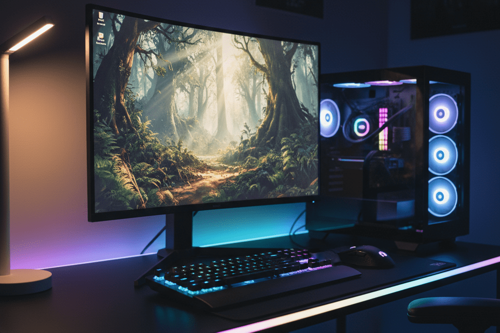 Gaming PC setup displaying lush forest scene with advanced rendering, highlighting premium hardware capabilities
