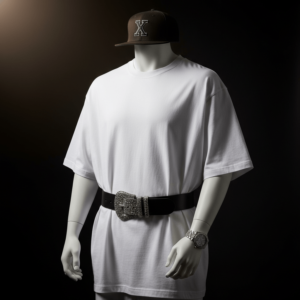Oversized premium cotton tee styled with bold 2000s hip hop accessories on a mannequin.