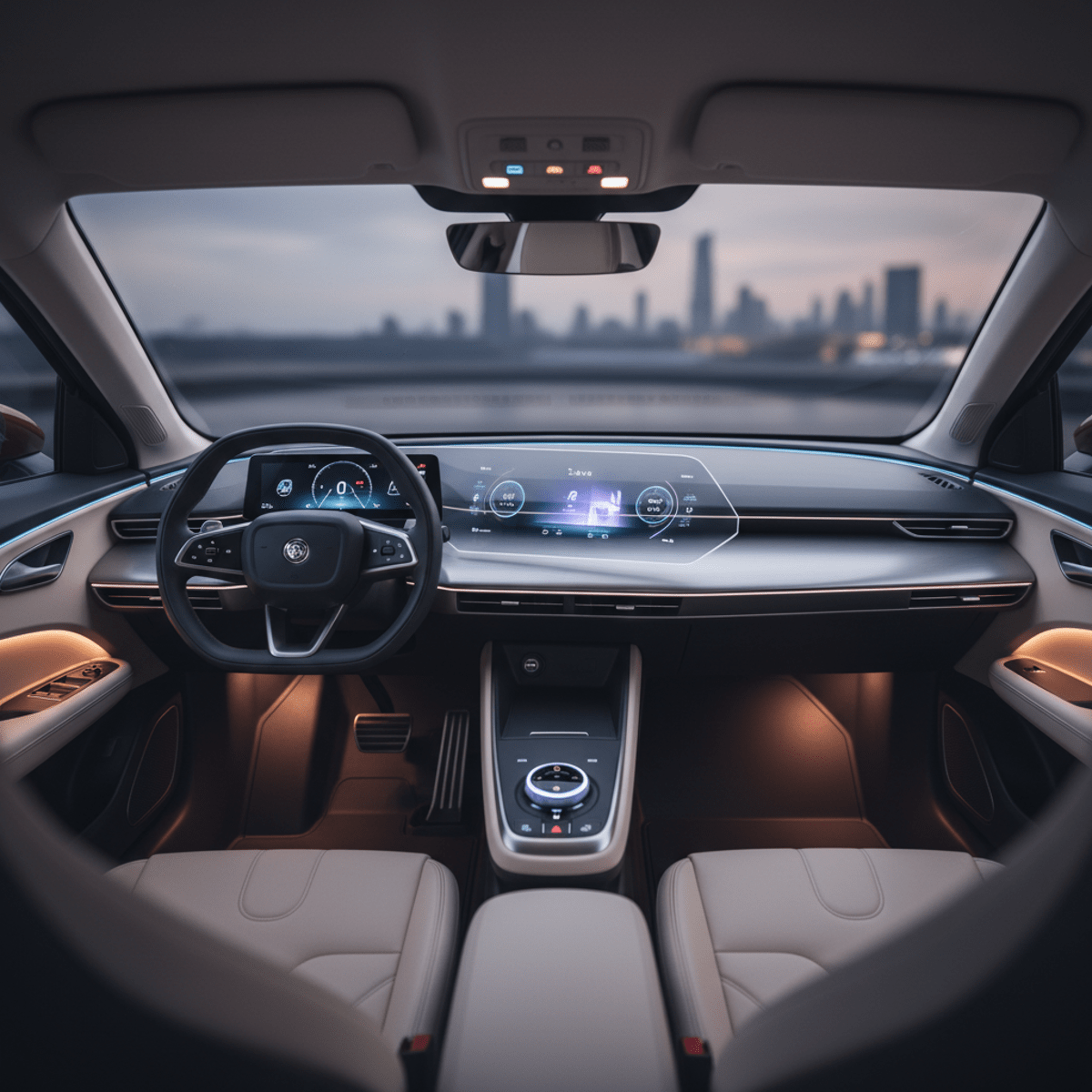 Futuristic car cockpit with seamless dashboard and glowing ambient LED strips.