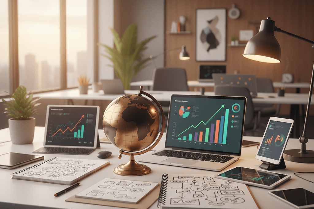 Workspace reflecting cultural evolution outpacing genetics in business markets Office setup featuring analytics tools and global elements under warm ambient light, symbolizing fast-paced cultural adaptation reshaping industries