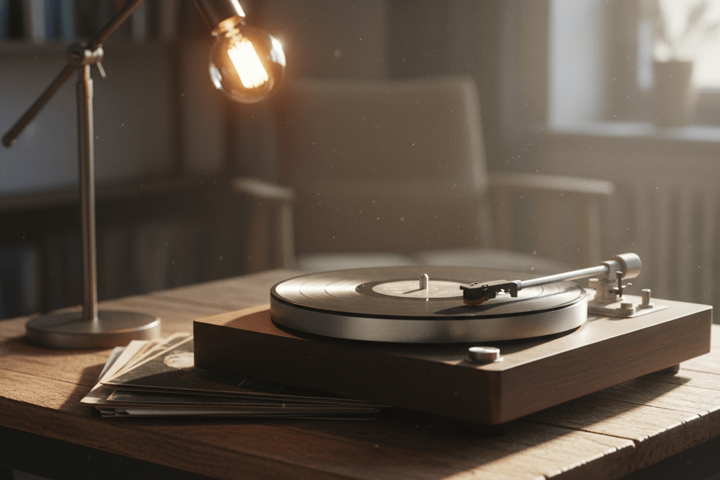 Nostalgic vinyl setup symbolizing enduring musical legacy Close-up of a vintage record player and vinyl collection under warm ambient light, highlighting timeless music heritage