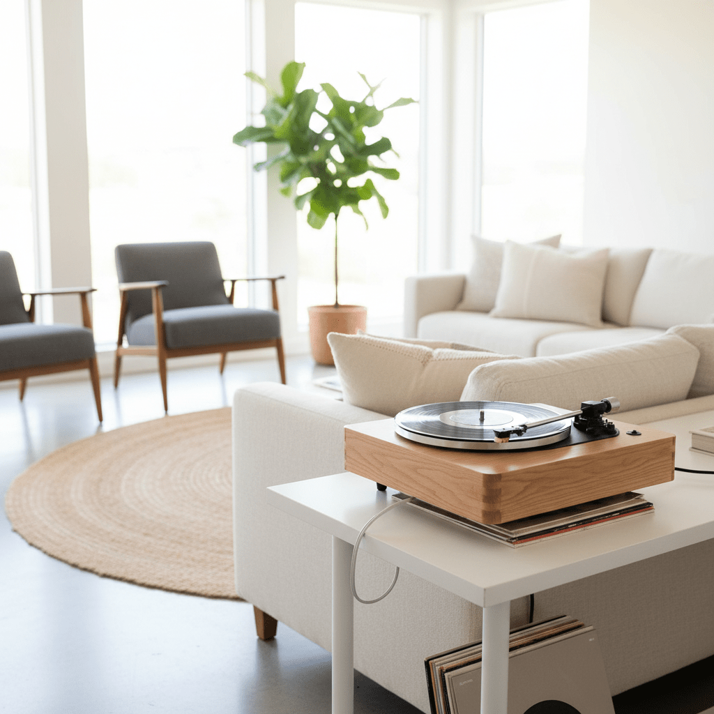 Scandinavian LP player in modern living room Minimalist birch wood LP player on white oak console table in bright living room.