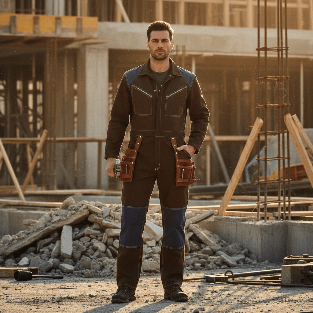 Man in chocolate duck cloth jumpsuit at construction site during golden hour.
