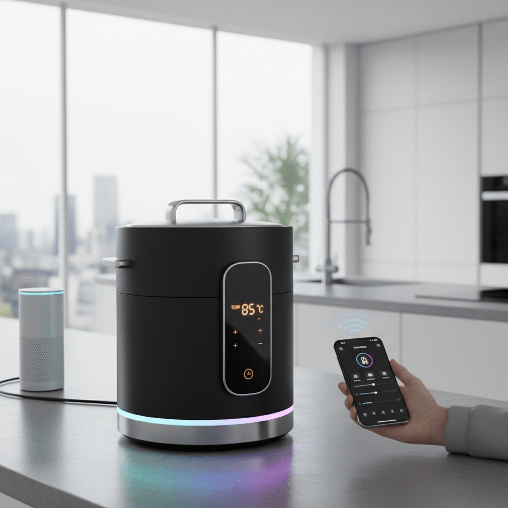 Matte black soup warmer with glowing OLED display in a smart kitchen.