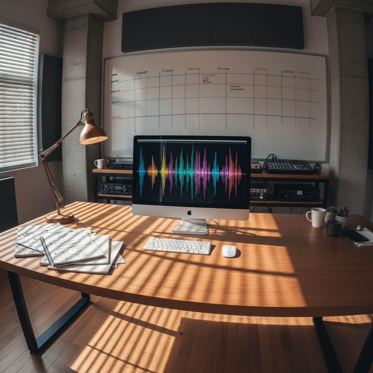Sleek teal ironing machine with blue eco-mode light on wooden table.