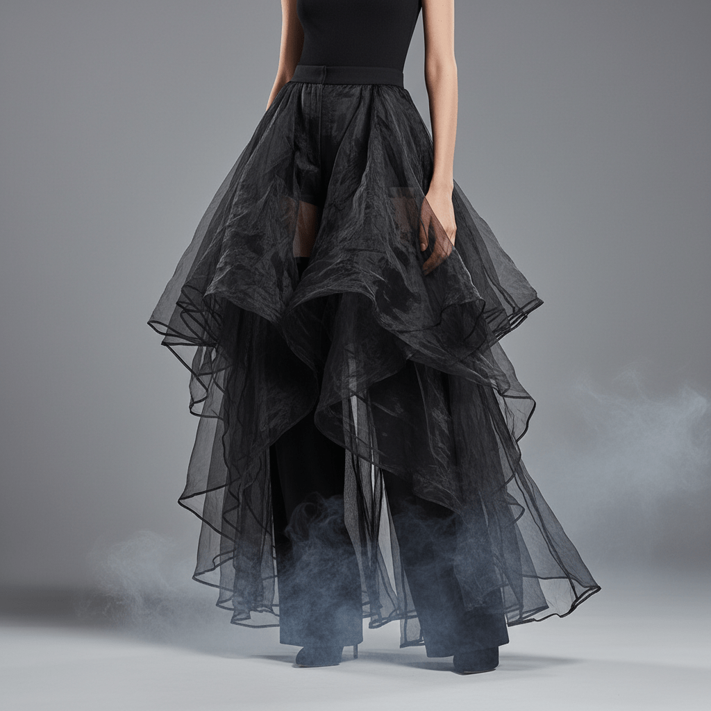 Avant-garde sheer palazzo pants layered over slim-fit trousers in a studio.