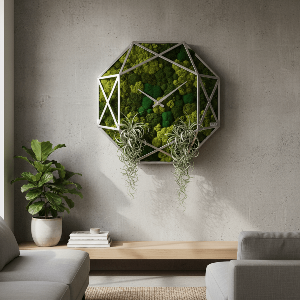 Geometric metal clock with vibrant moss and air plants on a concrete wall.