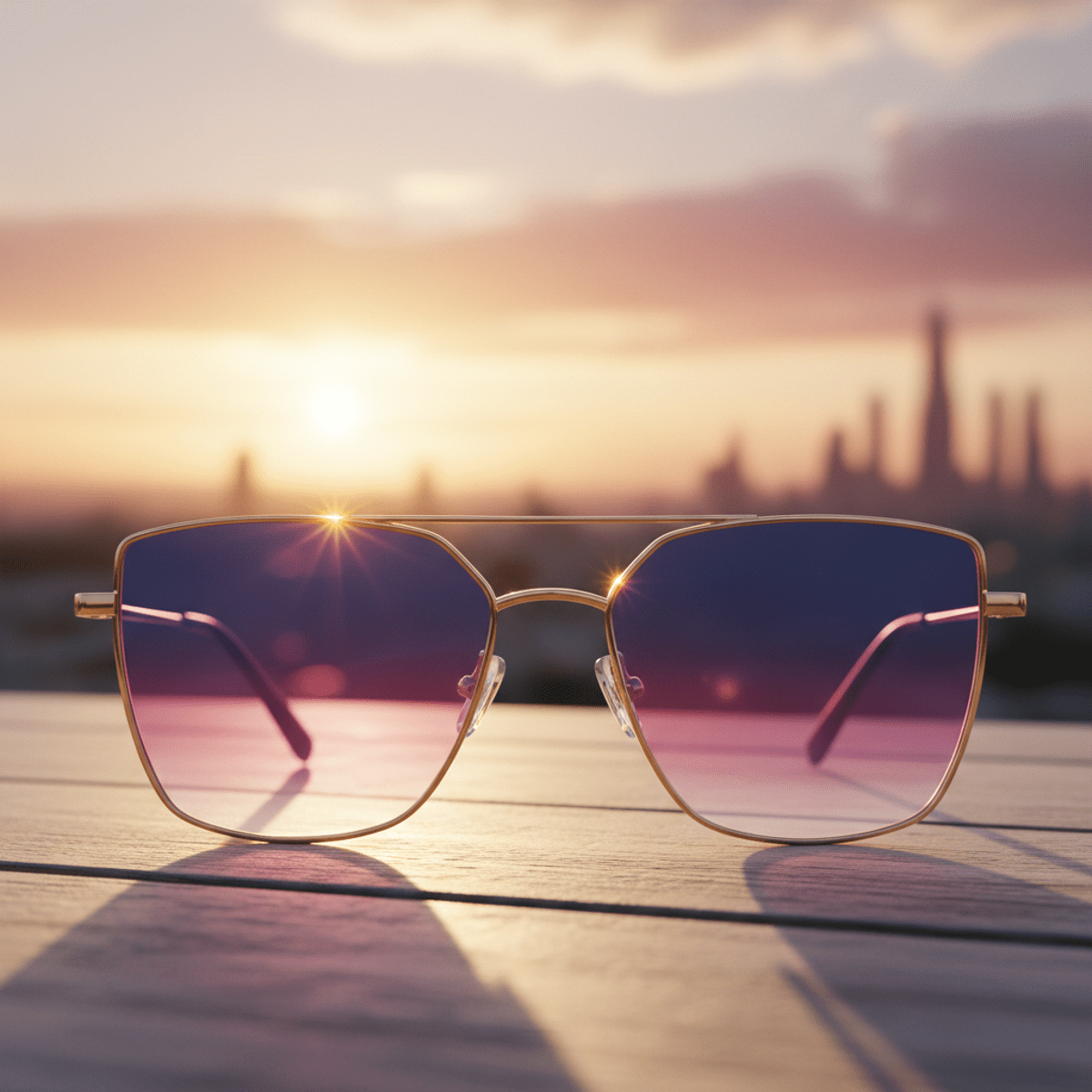 Trendy glasses with gradient sunset lenses in blue and purple, gold minimalist frame.