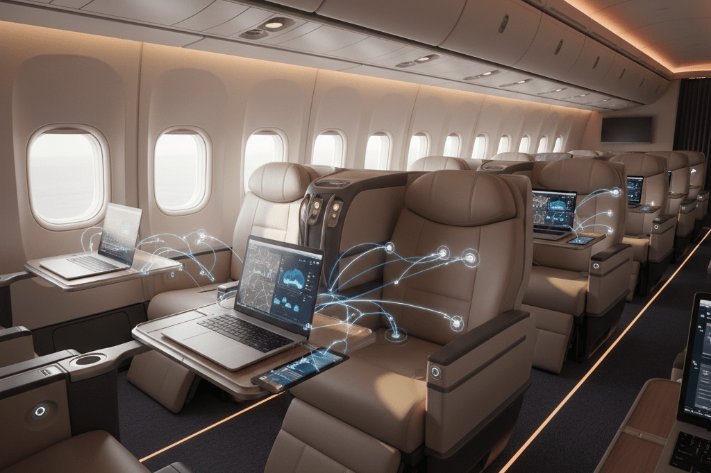 Wide shot of an airplane cabin with laptops and tablets reflecting high-speed internet use during flight