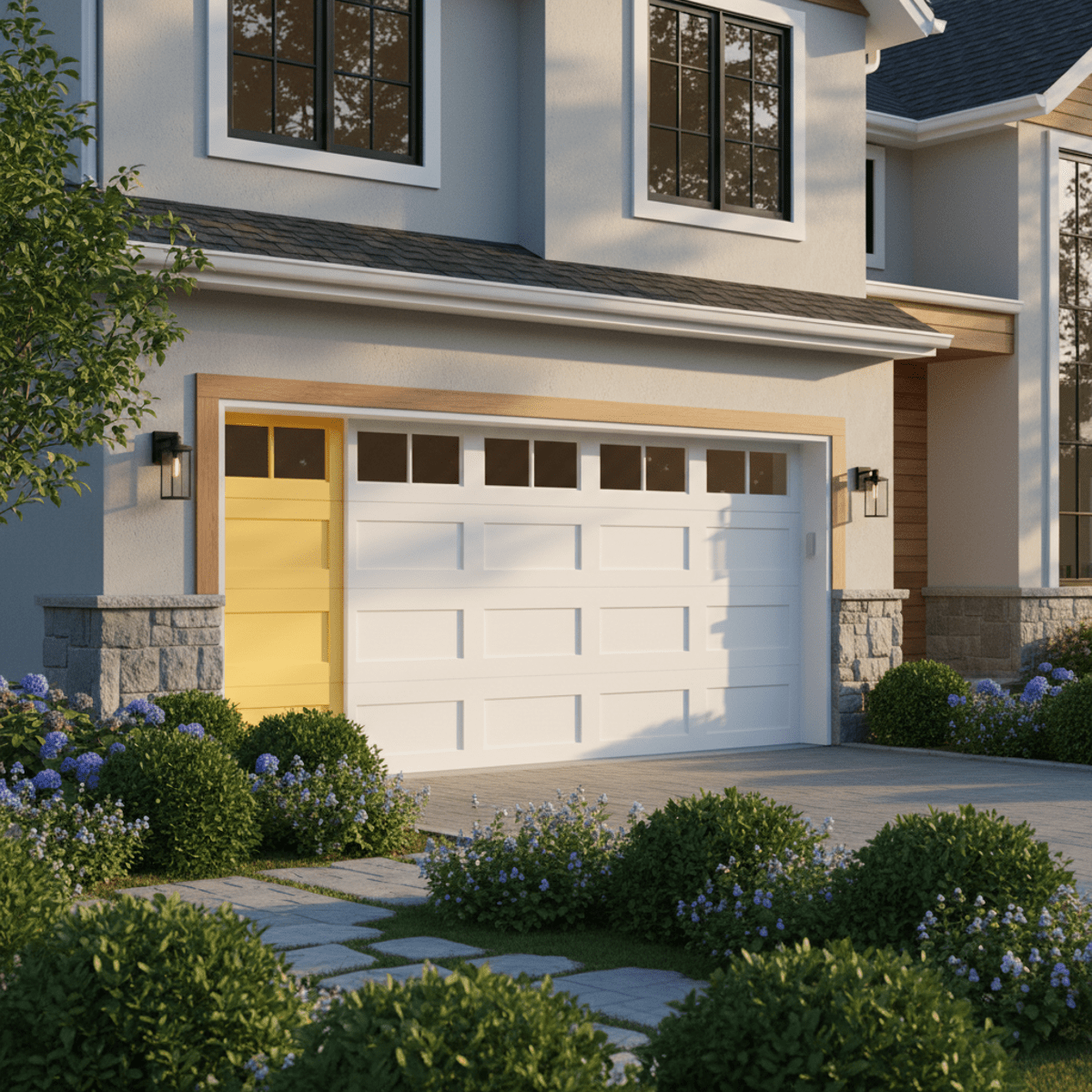 Transitional home facade with white garage door and yellow pedestrian door.