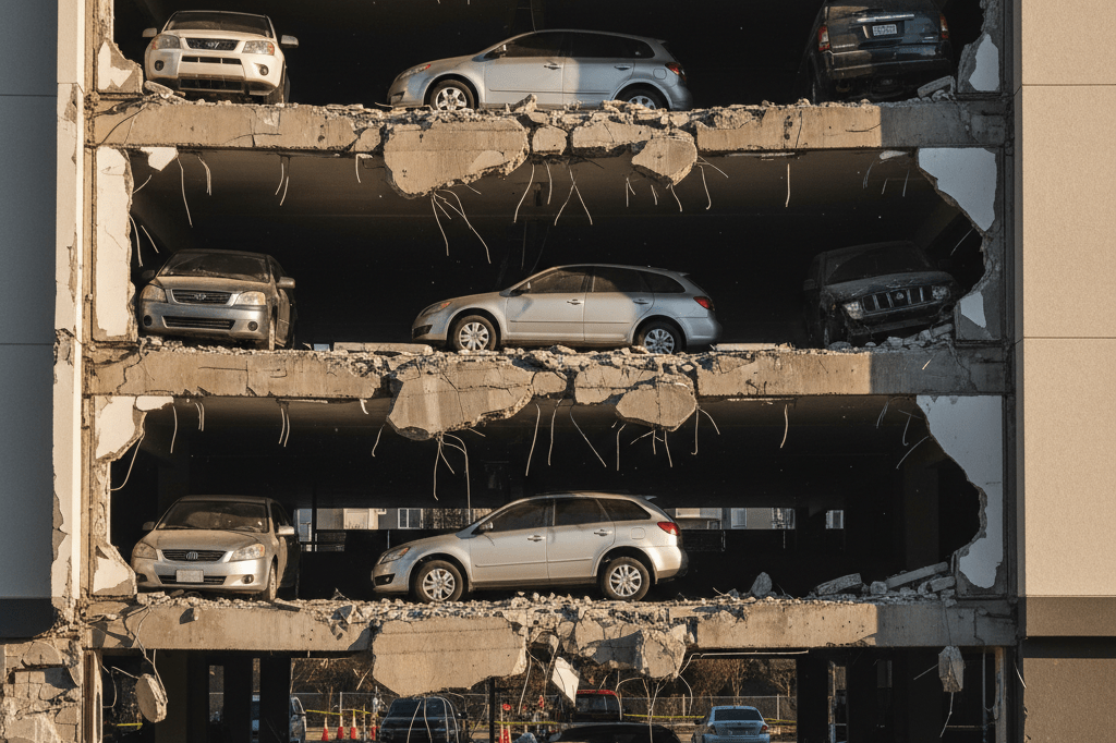 Wide-angle view of damaged parking structure with collapsed floors and stranded vehicles lit by natural light.